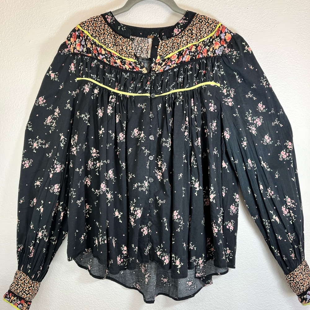 Free People Paloma Bohemian Black Floral Long Sleeve Blouse Sz Small